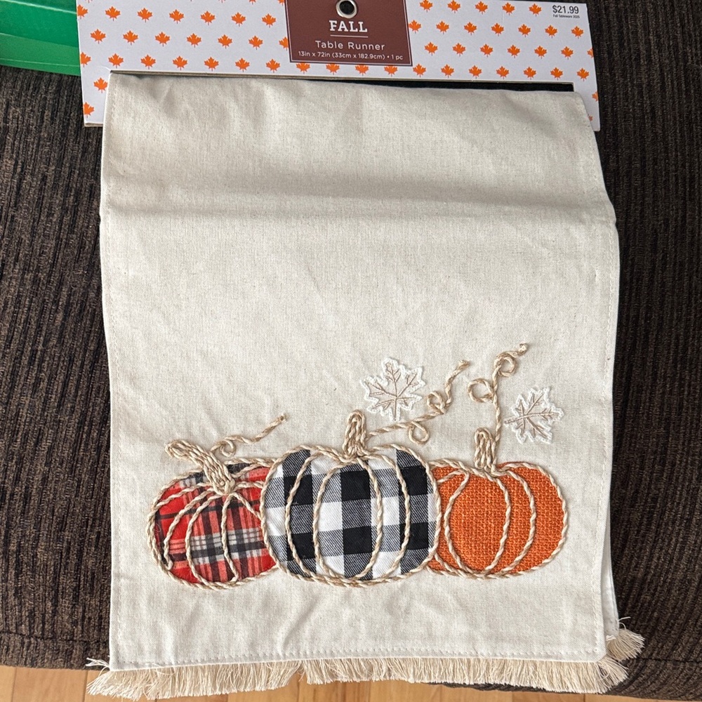 Hobby Lobby Fall Table Runner with Orange and Black Pumpkins